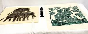 lot 315 image: Ink Art Prints and Wooden Lady Sculpture