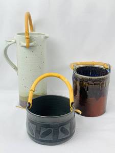 lot 207 image: Three Ceramic Vessels with Bamboo Handles- Signed