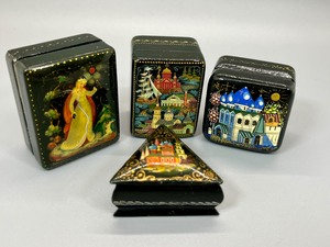lot 42 image: Four Russian Hand Painted Lacquer Wooden Boxes