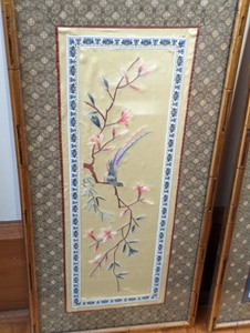 lot 17 image: Framed Embroidered Asian Themed Textiles
