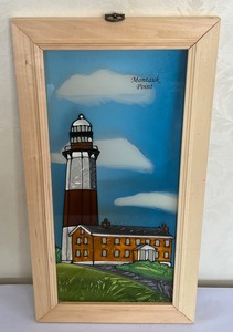 lot 262 image: Montauk Point Lighthouse Framed Decorative Glass Piece and Photograph