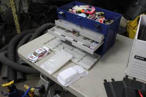 lot 1291 image: Plastic Tackle Box, Electric Race Car Parts