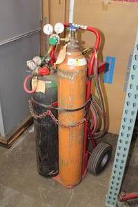 lot 1268 image: Torch Set - Gauges and Hoses, Victor Torch Wand, Tank Chains and Cart