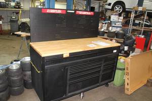 lot 1273 image: Husky HD 60in. HOTC6010BBC2M Mobile Workbench with Pegboard and Shelf, Keys