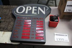 lot 1355 image: U.S. Stamp & Sign Newon Electric OPEN Business Hours Sign