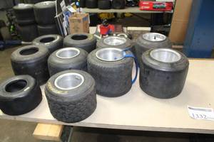 lot 1332 image: Lot of (6) Racing Go-Kart Tires on 6 Rims, (4) Spare Tires wo Rims