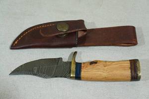 lot 99 image: Custom Griebe Damascus Style Blade Knife with Camel Handle and Sheath