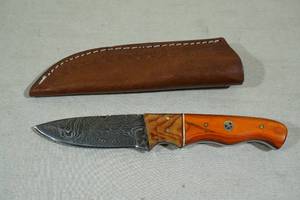 lot 100 image: Custom Damascus Style Blade Knife with Cherry and Birch Handle