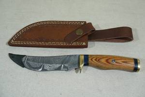 lot 101 image: Custom Damascus Style Blade Knife with Zebrano Wood Handle and Sheath