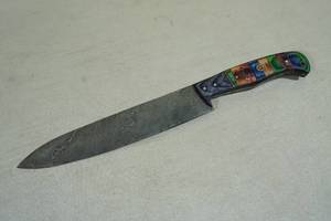 lot 102 image: Custom Damascus Style Blade Chef Knife with Multi Color Handle