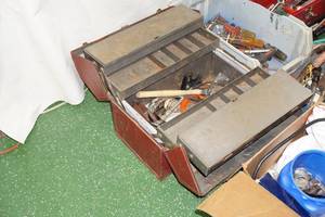 lot 132 image: Assorted Tools - Boxes, Saws, Tile Cutter