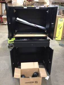 Heavy Duty Welded 20-Gauge Steel 2-Door Garage Base Cabinet in Black (28 in. W x 32 in. H x 21.5 in. D) by Husky Customer Returns See Pictures