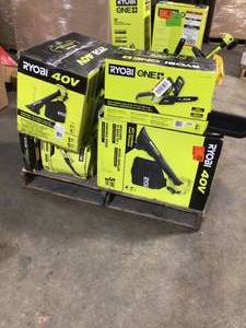 Pallet of assorted Ryobi outdoor tools various models and conditions see pictures