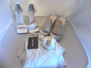 3-NEW With Tags Pretty Little Thing Items - High Heels, Wedges, Linen 1-Shoulder Dress