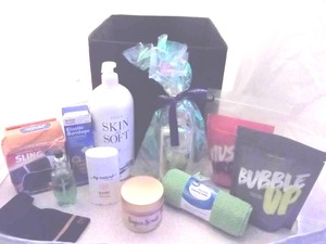 Bin Of Body Care Products--Lotions, Salts, Scrub, Elastic Wraps, More