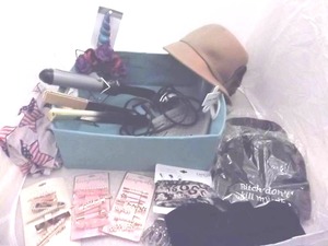 Bin Of Hats & Hair Accessories-NEW Clips, Chi Straightener, Head Band WSpeakers, Beanies