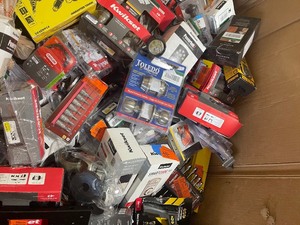 lot 48 image: Gaylord full of assorted Door Knobs and Hardware, misc Tools and more various models and conditions see pictures