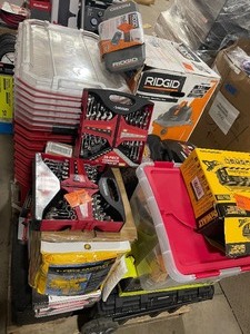 lot 53 image: Pallet with Many New and  used Assorted customer returns tools and hardware- Shop Vacs, Storage Containers, Customer returns see pictures