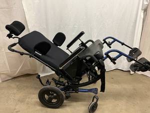 lot 1 image: WOW MSRP $4000 Quickie Iris Tilt-in-Space Adult Wheelchair With Many Extras - Heavy Duty Blue Speckle Frame - Seat Width 21 Excellent Condition 2 Used Ones Just Sold Online For $2000 Each