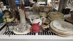 lot 96 image: Shelf of Treasures Vintage Figurines, China, & Rare Souvenir Plates- Belleek Castle Vase, Vintage Figurines, And More