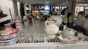 lot 97 image: Shelf of TreasuresCollectible Hamms Beer Blow Mold, Vintage Beer Cans, Vintage China, Milk Glass & More