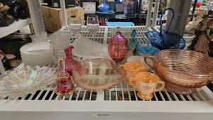lot 98 image: Shelf of Treasures Beautiful Depression Glass Collection- Anchor Hocking & More