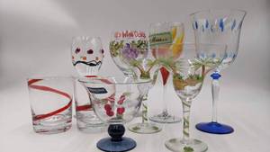 lot 43 image: Beautiful Hand-Painted Wine Glasses and Hand-Blown Glasses