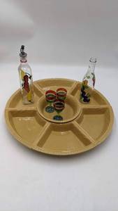 lot 45 image: Stunning Serving Collection-7 Piece Piece Ceramic Serving Platter, Hand-Painted Oil Bottles, Hand-Painted Cordial Glasses