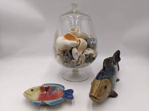 lot 35 image: Fish Lovers Decor Collection- Ceramic Fish Sculpture, Ceramic Fish Dish, Seashell Collection in Vintage Apothecary Jar