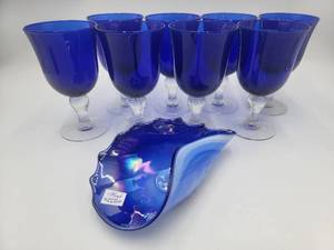 lot 108 image: Gorgeous Vintage Polish Cobalt  Blue Glass Collection- Hand-Blown Glass Goblets and Bowl