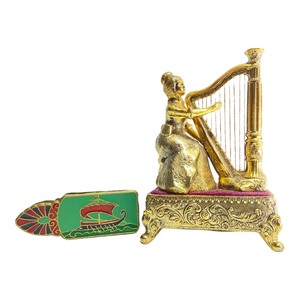 Gilt Gold Music Box & Brass Enameled Clip