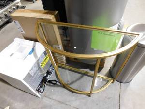 lot 82 image: Home Decorators Collection Bella 32 in. Gold LeafClear Standard Half Moon Glass Console Table with Storage