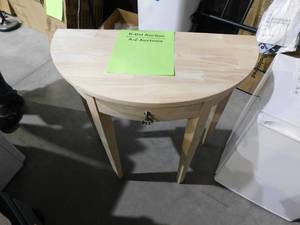 lot 85 image: 32 in. Unfinished Standard Half Moon Wood Console Table with Drawers