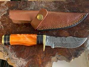 Custom 8 Damascus Knife with Hand Stitched Leather Sheath