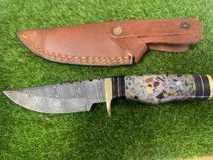 Custom 8 Damascus Knife with Hand Stitched Leather Sheath