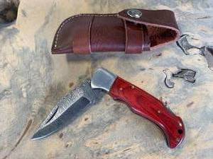 Damascus Pocket Knife w Leather Sheath (6 34 open, 3 78 closed)