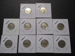 16. Lot of 10 Buffalo Nickels - Carded and Labeled - 20-P, 25-P, 28-P, 29-P, 34-P, 35-P, 36-P, 36-D, 37-P, 37-D