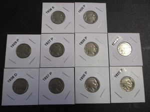 17. Lot of 10 Buffalo Nickels - Carded and Labeled - 26-P, 27-P, 29-P, 30-P, 34-P, 35-P, 36-S, 36-P, 36-D, 37-P