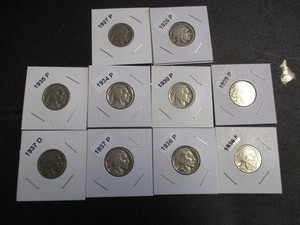 18. Lot of 10 Buffalo Nickels - Carded and Labeled - 26-P, 27-P, 29-P, 30-P, 34-P, 35-P, 36-P, 36-S, 37-P, 37-D