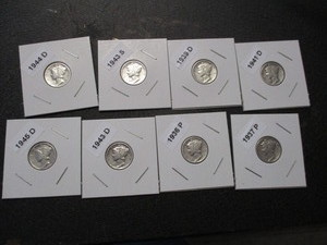 24. Lot of (8) Mercury Dimes - 36-P, 37-P, 39-D, 41-D, 43-S, 43-D, 44-D, 45-D