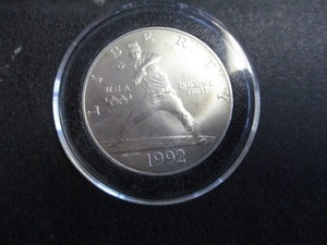 28. 1992-D US Olympic Baseball (Athlete ObverseUS Olympic Logo) US Silver Commemorative Dollar
