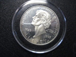 35. 1743-1993-S Thomas Jefferson Architect of Democracy US Commemorative 1oz Silver Dollar