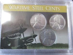 92. 1943-P,D and S WWII Emergency Issue Steel Penny Set in P-40 Warhawk Collectors Case - Excellent Condition