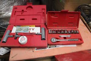 lot 772 image: Lot of (2) Hand Tool Sets - 38 Ratchet Socket Set with Case, Safety Seal Tire Repair Kit with Case