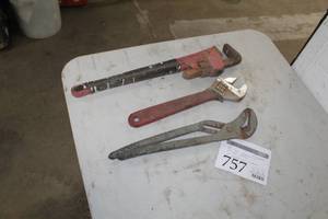 lot 757 image: Lot of (3) Hand Tools - 18 Pipe Wrench, 15 Adjustable Wrench, 15 Channel Lock Pliers