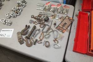 lot 862 image: Lot of  Hooks, Cable Couplings, Utility Pulleys, Hinges, Misc. Hardware - Pulleys, Pulley Hooks, Couplings and Bits