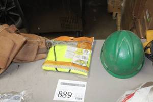 lot 889 image: Hard Hat, Leather Tool Belt, Safety Works Class 2 Safety Vest