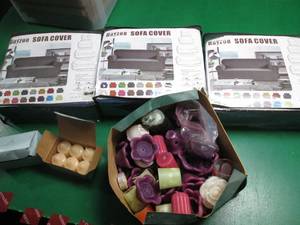 3 Sofa Covers, new partylite candles and other candles, some partly burned