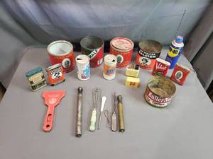 Lot of Old Misc. Tin Cans, Shoe Buttoners, WD-40 Radio