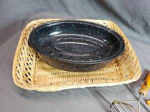 Wicker Basket, Roaster, Rolling Pin, Kitchen Items